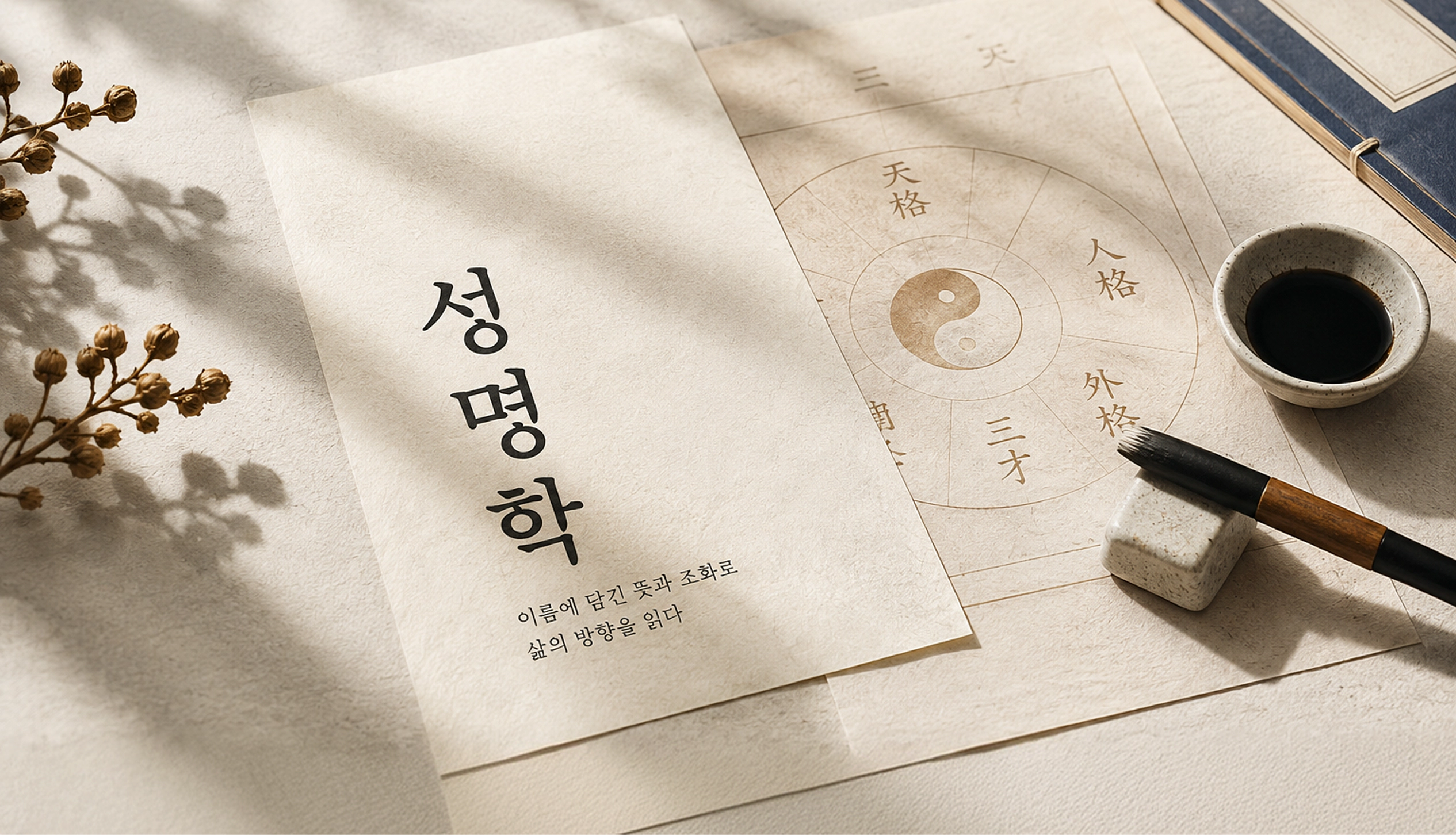 성명학 자료와 붓, 찻잔